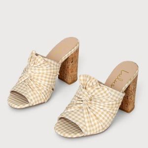Lulus Alonisha Toffee and White Gingham Cork High Heel Mule Sandals